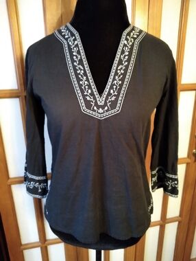 Women's Vintage Gap 3/4 Sleeve Peasant Top Black With White Embroidery, Sz S